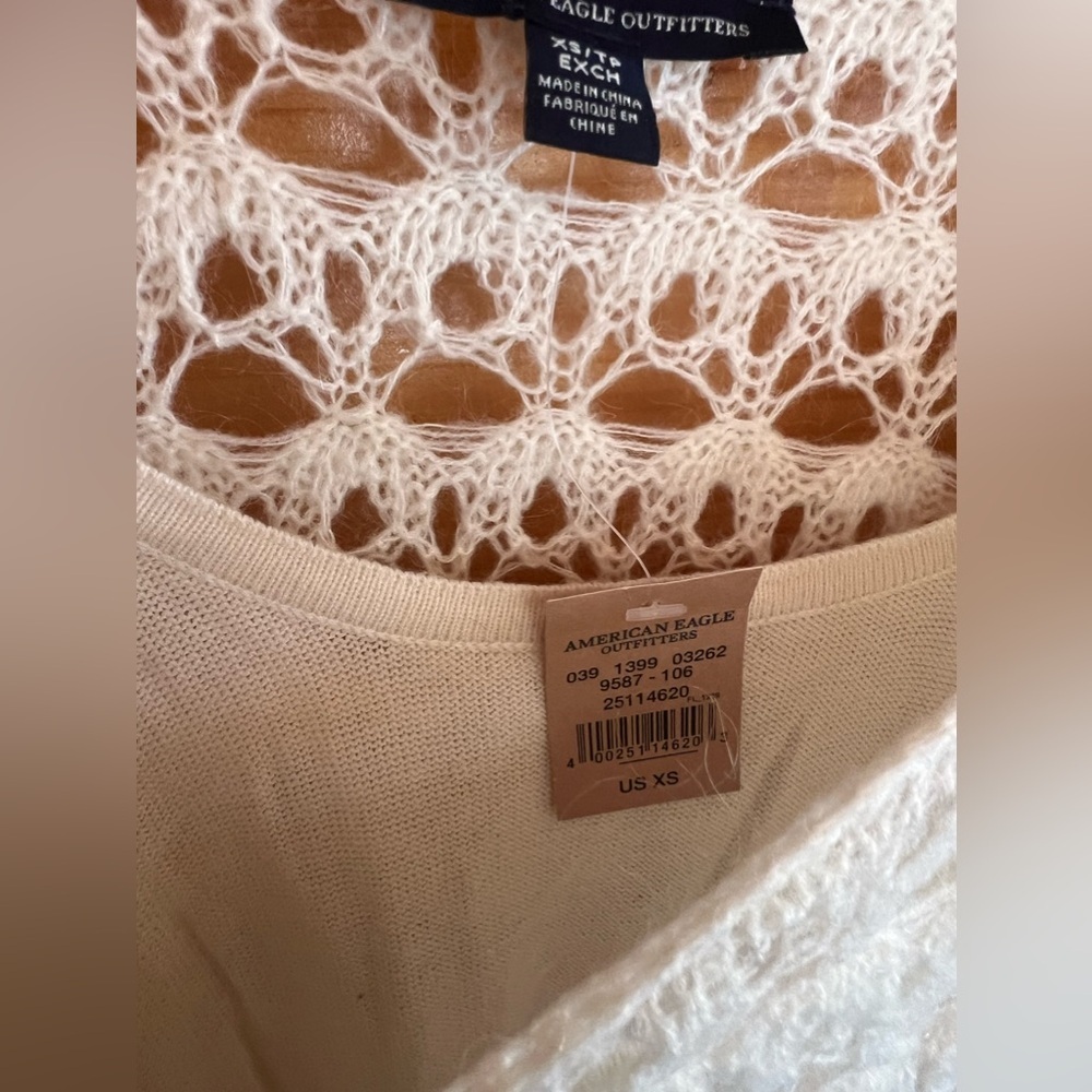 NWT Cute XS American Eagle Crochet Roubd Neck Midi Short Sleeve Off White Dress - Picture 6 of 6